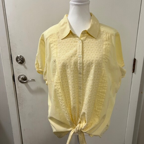 Dressbarn Light Yellow Pleated Eyelet Embroidered Tie Front Top Size 2X - Picture 4 of 12